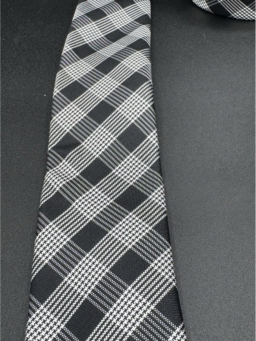 Nick Graham Silk Skinny Tie Black White Plaid Check 58” x 2.5” Modern